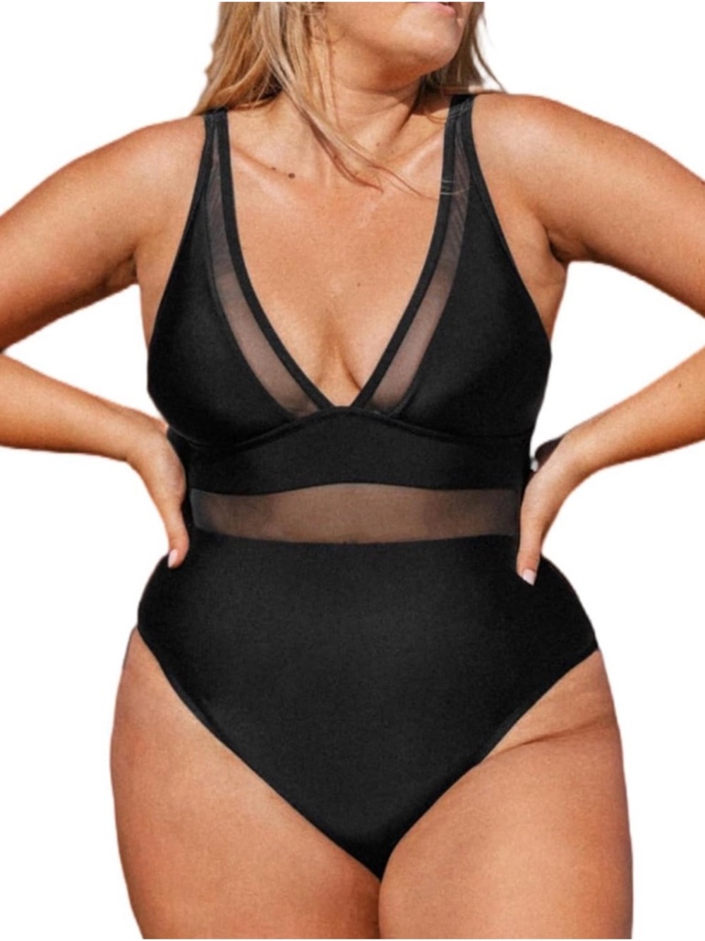 Cupshe Black Mesh Plunge One-Piece Swimsuit
